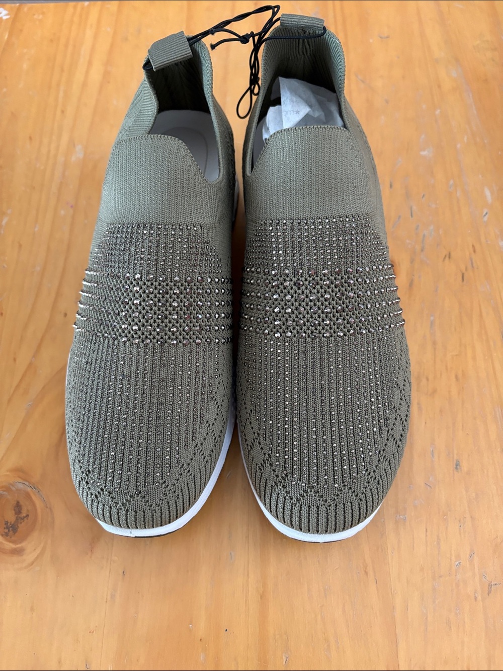 Morgan Taylor Olive Knit Slip-On Sneakers with Rhinestone Detail